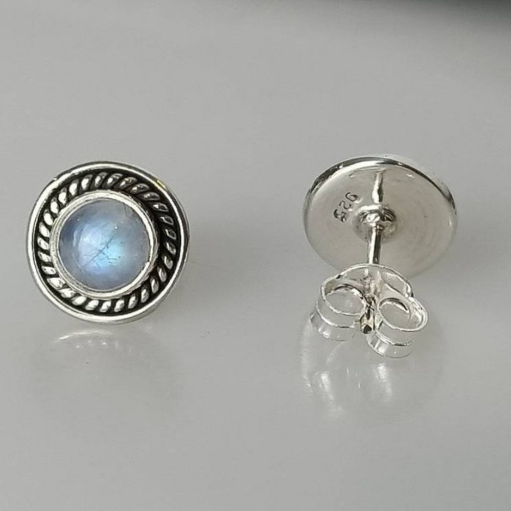 Genuine MOONSTONE Gems SOLID 925 Oxidized SILVER Big Bohemian Stud Earrings - Picture 5 of 7